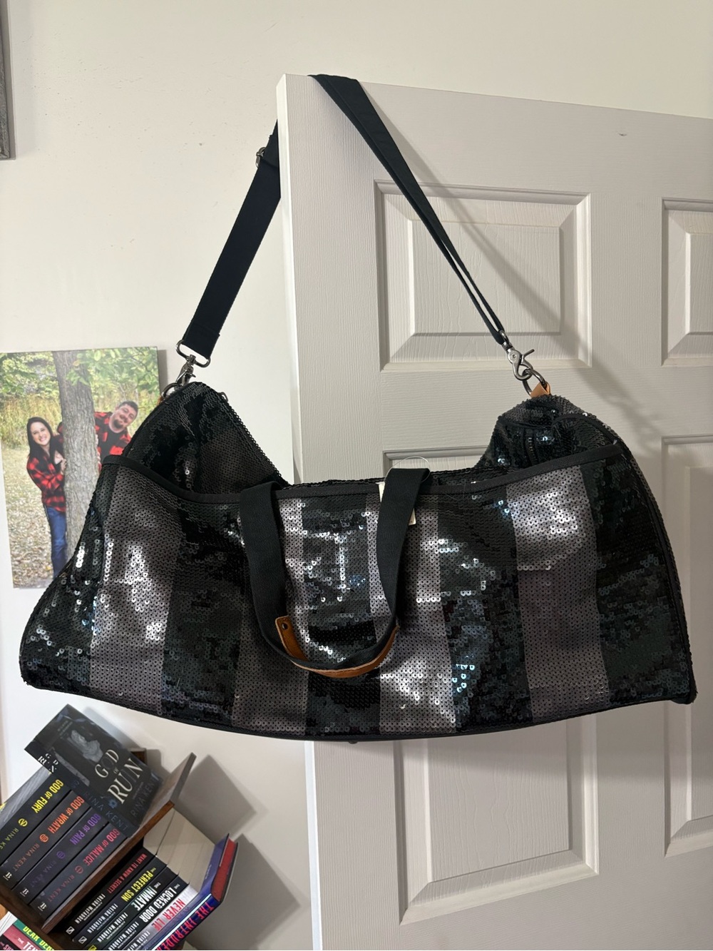 PINK Victoria's Secret Black Sequin Striped Weekender